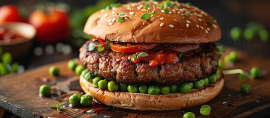 A vegan hamburger made with plant-based meat, garnished with peas and tomatoes, is placed on a wooden cutting board.