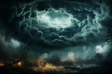 Dramatic aerial cityscape with realistic tornado in bright tones swirling over urban area - obrazy, fototapety, plakaty