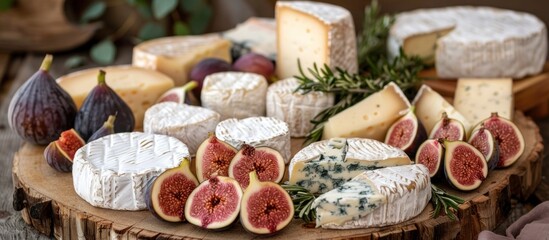 Various types of cheeses and fresh figs arranged on a wooden table.