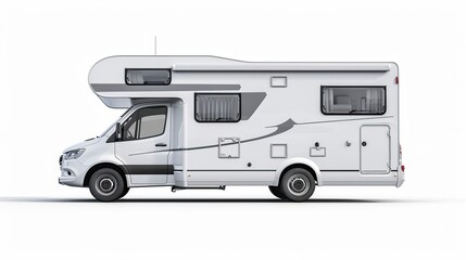 Small White Camper Parked on White Background