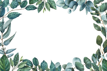 Horizontal vector greenery border made of eucalyptus branches and leaves. Hand-drawn watercolor edging frame of green foliage. - obrazy, fototapety, plakaty