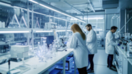 A blurred photograph capturing the bustling activity of scientists in lab coats conducting research in a modern, well-equipped laboratory. Resplendent. - obrazy, fototapety, plakaty
