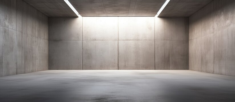 A modern abstract concrete room with an empty space, featuring a rectangular ceiling opening in the center that allows light to stream in.