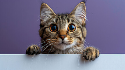 Cute tabby cat, with big eyes looking into camera. Isolated on purple background. Cat, cute, furry.