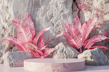 Pastel pink round marble podium for product presentation in front of white rocks and pink coloured tropical leaves.