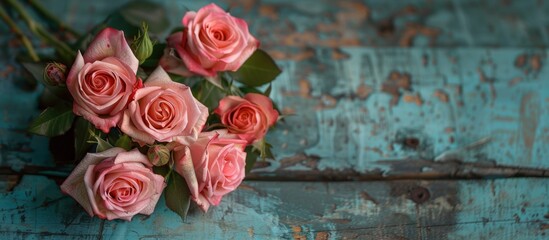 A bunch of pink roses neatly arranged on top of a wooden table.