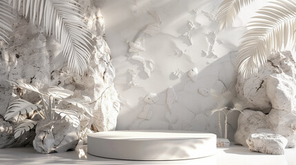 Total white mockup banner with white rocks, stone podium and whitewashed tropical leaves, beauty product presentation.