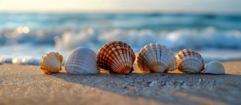 Multiple seashells are placed on a sandy beach, creating a natural arrangement on the shore.