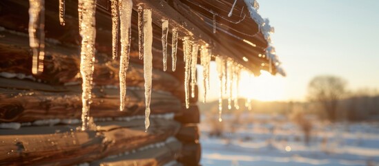 Long, sharp icicles hang from the wooden roof of a house, formed by melting snow freezing in the cold air.