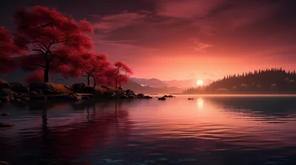 Papier Peint photo Lavable Bordeaux A serene lakeside sunset scene with vibrant orange and pink hues reflecting on the calm water, silhouettes of trees framing the horizon, distant mountains basking in the warm glow