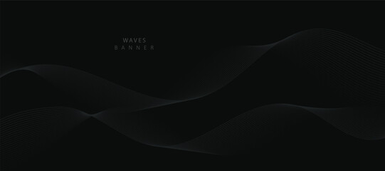 Abstract grey wavy lines on a black background. Vector modern black background template.
