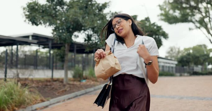 Phone call, city and businesswoman running late for job in street or urban area with coffee or watch. Stress, time delay notification or scared employee in panic or rush for appointment or schedule