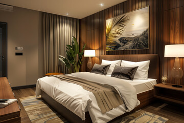 Interior of a hotel bedroom.AI generated