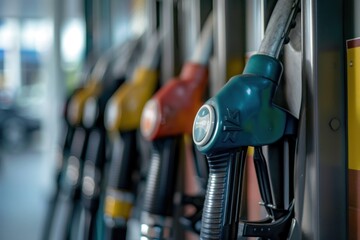A row of gas pumps with a blue nozzle on the right - obrazy, fototapety, plakaty