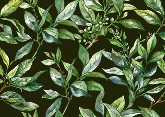 Branch with leaves of green tea. Seamless pattern, background. Vector illustration. In botanical style