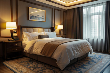 Interior of a hotel bedroom.AI generated