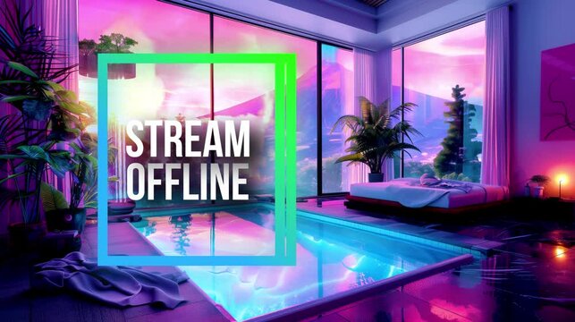 Engaging offline stream video animation, featuring a sumptuous bedroom and serene pool under a captivating sunset. Ideal for maintaining audience interest during offline periods
