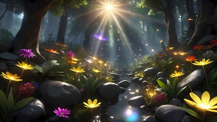Fototapeta premium magical light filtering through the thick forest, fantasy scenery