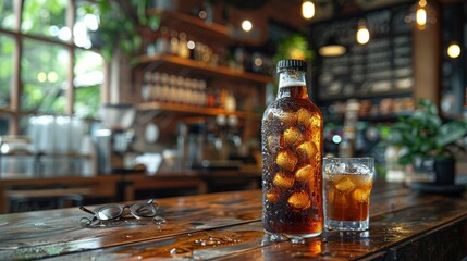 Glass bottle of iced tea and a glass on wooden table - obrazy, fototapety, plakaty