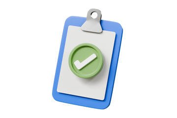 3D Blue Clipboard with blank paper notes and check marks icon symbol. Confirmed or approved document checklist done icon. Cartoon minimal style on isolated purple background 3d rendering illustration.