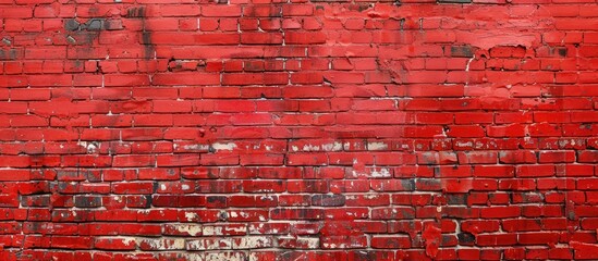 A vintage red brick wall covered in red paint shows signs of aging with a faded white stripe...