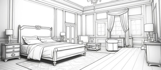 This image depicts a hand-drawn bedroom interior featuring a large bed as the focal point. The room includes detailed outlines of furniture and decor,