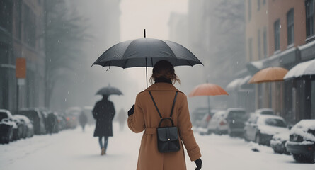 A woman walking in the snow city with an umbrella. ai generative