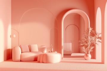 Peach Fuzz colored modern living room interior,mock up,minimalist.