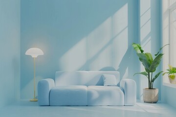 A blue pastel colored sofa in a pastel blue walls living room mock up.