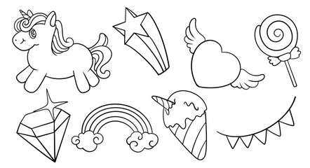 Obraz premium Hand drawn set of Unicorn Pack doodle. Vector illustration isolated on white background.