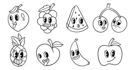 Hand drawn set of Retro Fruits doodle. Vector illustration isolated on white background.