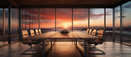 A modern meeting room with a large wooden table positioned in front of a window. The sunset can be seen in the background reflecting on the empty table and flooring.