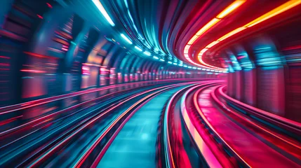 Fotobehang Dynamic Motion Blur of Tokyos Rail System at Night, Fast-Paced Urban Transportation in a Futuristic Cityscape © Taslima