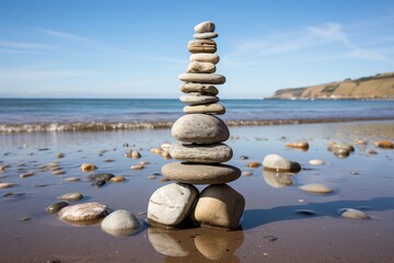 Fototapeta na wymiar Tranquil seascape. three stacked stones on clear sky and sea background, calm ocean view
