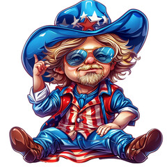 Cute cartoon American boy in a cowboy hat isolated on transparent background. For USA Independence day July 4th celebration. Caricature flat clipart illustration for sticker, banner