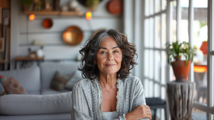 portrait of a senior latina woman with gray hair sitting in a living room with a potted plant in front at home 
