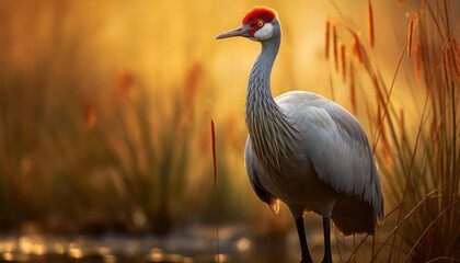 Naklejka premium A Sarus Crane, a large bird with a red head and grey body, standing gracefully on a body of water, surrounded by reeds and water plants. The crane appears to be looking for food.
