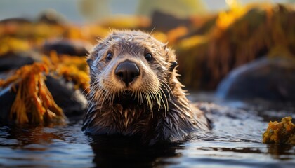 A close-up view of a wet otter swimming in a body of water, showcasing its sleek fur and webbed feet as it navigates the aquatic environment - obrazy, fototapety, plakaty