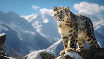 A snow leopard, a large feline with a thick fur coat, is standing proudly on top of a snowy mountain peak