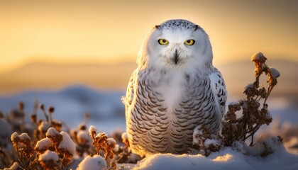 A Snowy Owl is perched on the snow-covered ground, blending in seamlessly with its surroundings. The owls white feathers contrast beautifully against the snow.