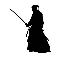 Black and white samurai vector illustration, logo design of a traditional Japanese warrior with katana sword