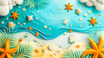 Fototapeta na wymiar colorful illustration with tropical beach and sea, top view summer vacation background