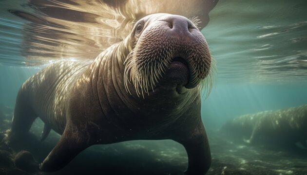 A walrus is depicted swimming in the water, moving gracefully and confidently through its natural habitat. The walrus showcases its strong swimming skills, navigating the water with ease