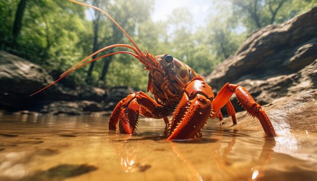 A large yabby lobster is depicted standing on top of a body of water. The lobsters size is emphasized against the water backdrop, showcasing its presence and strength in the environment