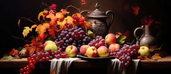 A detailed still life painting depicting a variety of colorful fruits such as apples, grapes, and...