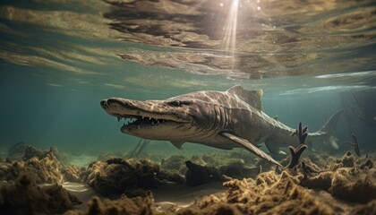 A Crocodile Shark swims gracefully in the ocean, showcasing its razor-sharp teeth as it opens its mouth wide. The powerful predator moves effortlessly through the water, hunting for its next meal