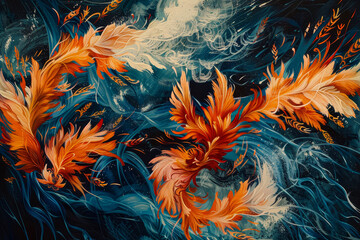 Fototapeta na wymiar A fusion of fire and water--waves of molten lava crash against cool cerulean currents.