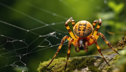 Fototapeta premium A detailed view of a European garden spider resting on its intricate web, showcasing its distinct markings and long legs in a natural setting