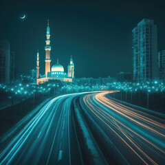 Fototapeta na wymiar Mosque in the city at night with car light trails, Istanbul, Turkey