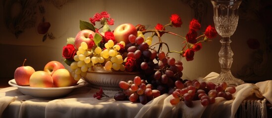 Obraz na płótnie Canvas A wooden table is topped with a bowl of assorted fruits including apples, bananas, and grapes, alongside a separate bowl filled with ripe purple grapes. Next to the fruit bowls,